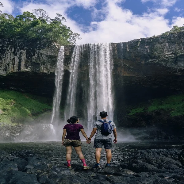 Couple holding hands at a waterfall